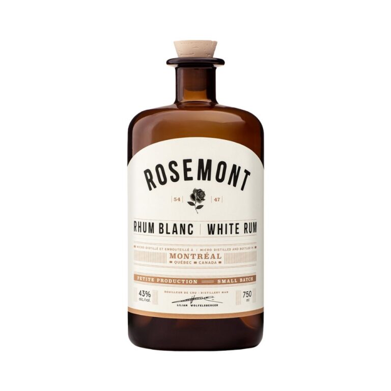 Bouteille de rhum blanc Rosemont 750 ml, distillé à Montréal, Canada. Étiquette crème avec inscriptions noires indiquant une production artisanale en petite quantité. Rhum blanc à 43 % d’alcool, bouchon en liège. Disponible sur Le Club des Connaisseurs.