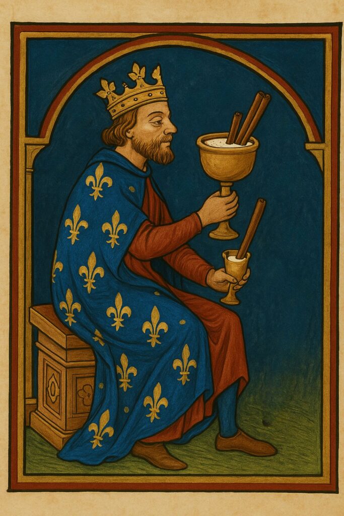 Image 1 article de blog Le Club des Connaisseurs : Illustration médiévale fictive du roi de France vêtu d’un manteau bleu orné de fleurs de lys, tenant une coupe remplie de lait de poule avec des bâtons de cannelle. Image réalisée avec ia