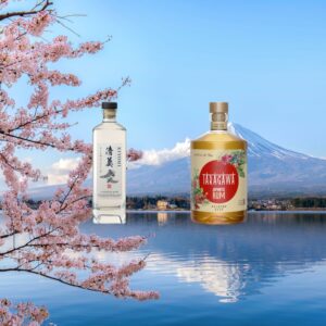 Miniature article de blog rhums japonais avec deux rhums japonais, Kiyomi et Taragawa Bourbon Cask, sur fond du mont Fuji et de cerisiers en fleurs, symboles du Japon.