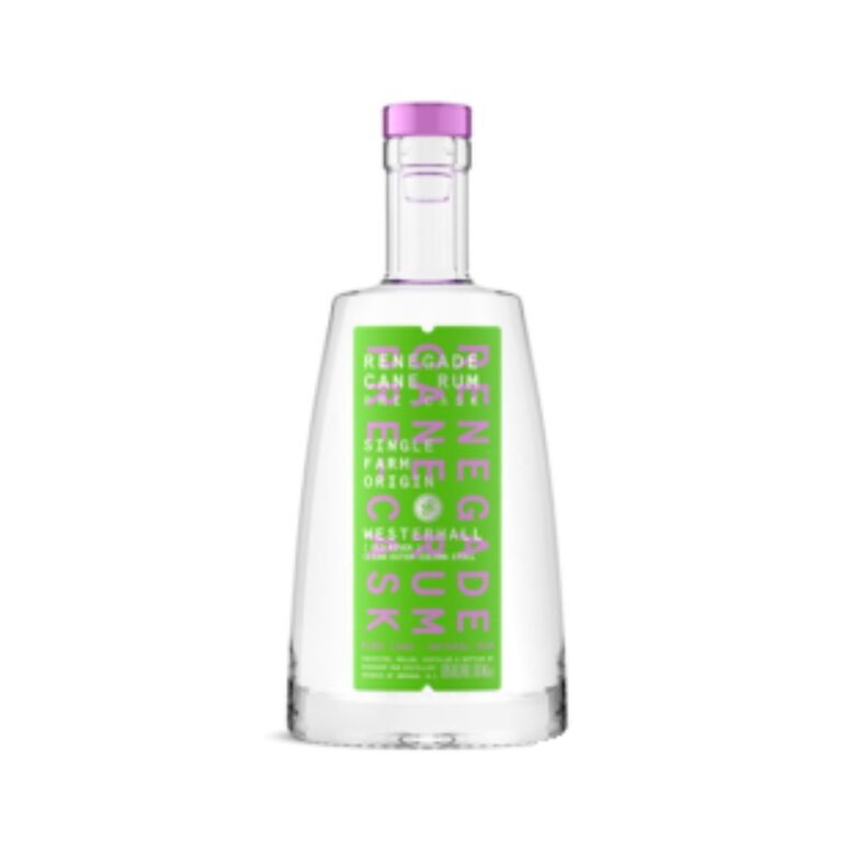 Packshot de la bouteille de rhum blanc RENEGADE Pre-Cask Westerhall Column still, rhum de pur jus distillé en alambic à colonne, produit à la Grenade en Single Farm Origin.